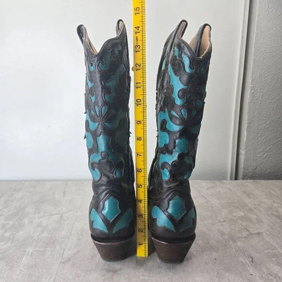 Corral Vintage Western Boots Sz 8 Knee high Brown Aqua Pointed Toe Boho Cowgirl - Picture 4 of 13